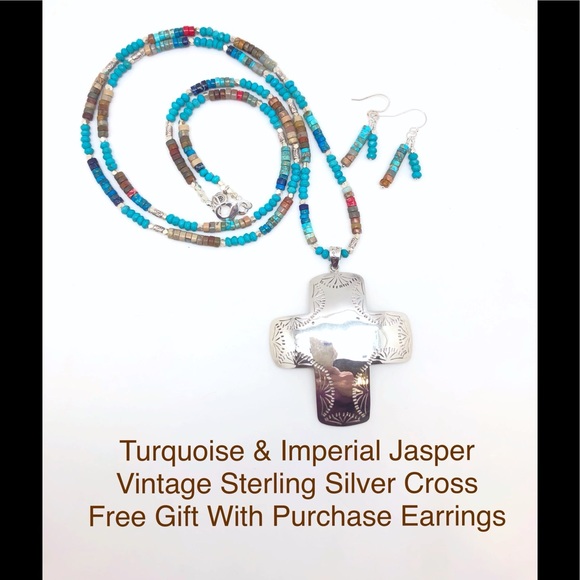 Large Vintage Sterling Navajo Style Cross Necklace on...